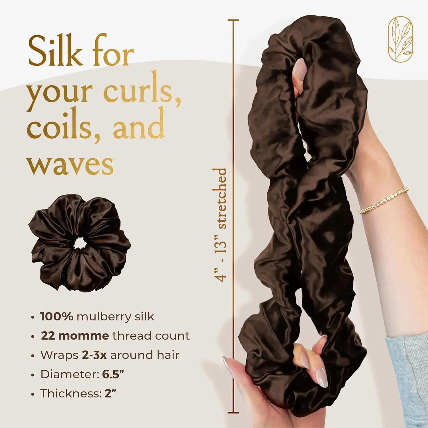 Scrunchies for Women, Extra Large Silk Scrunchies for Curly Hair, Silk Hair Ties No Damage, Hair Accessories for Thick Hair, Ponytail Holders -Espresso, XL