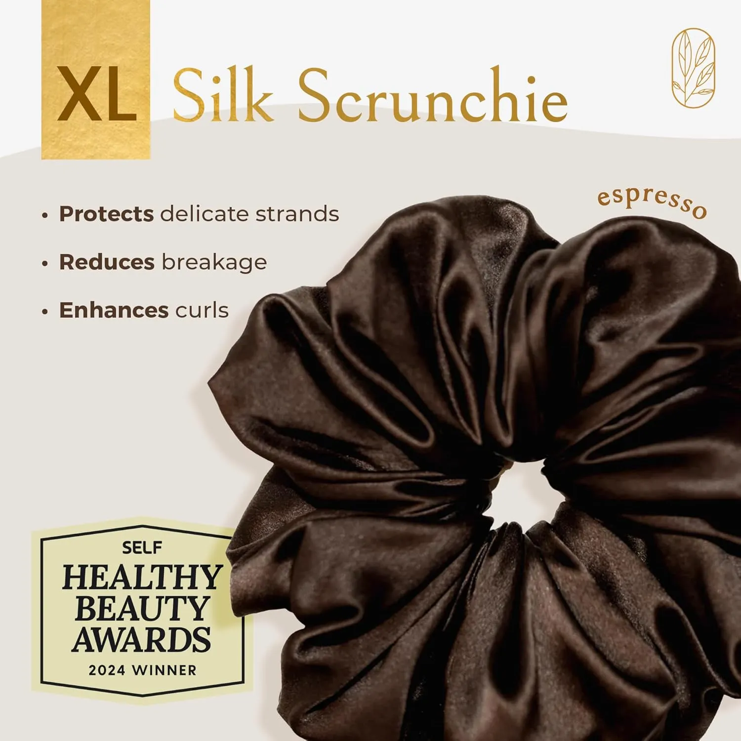Scrunchies for Women, Extra Large Silk Scrunchies for Curly Hair, Silk Hair Ties No Damage, Hair Accessories for Thick Hair, Ponytail Holders -Espresso, XL