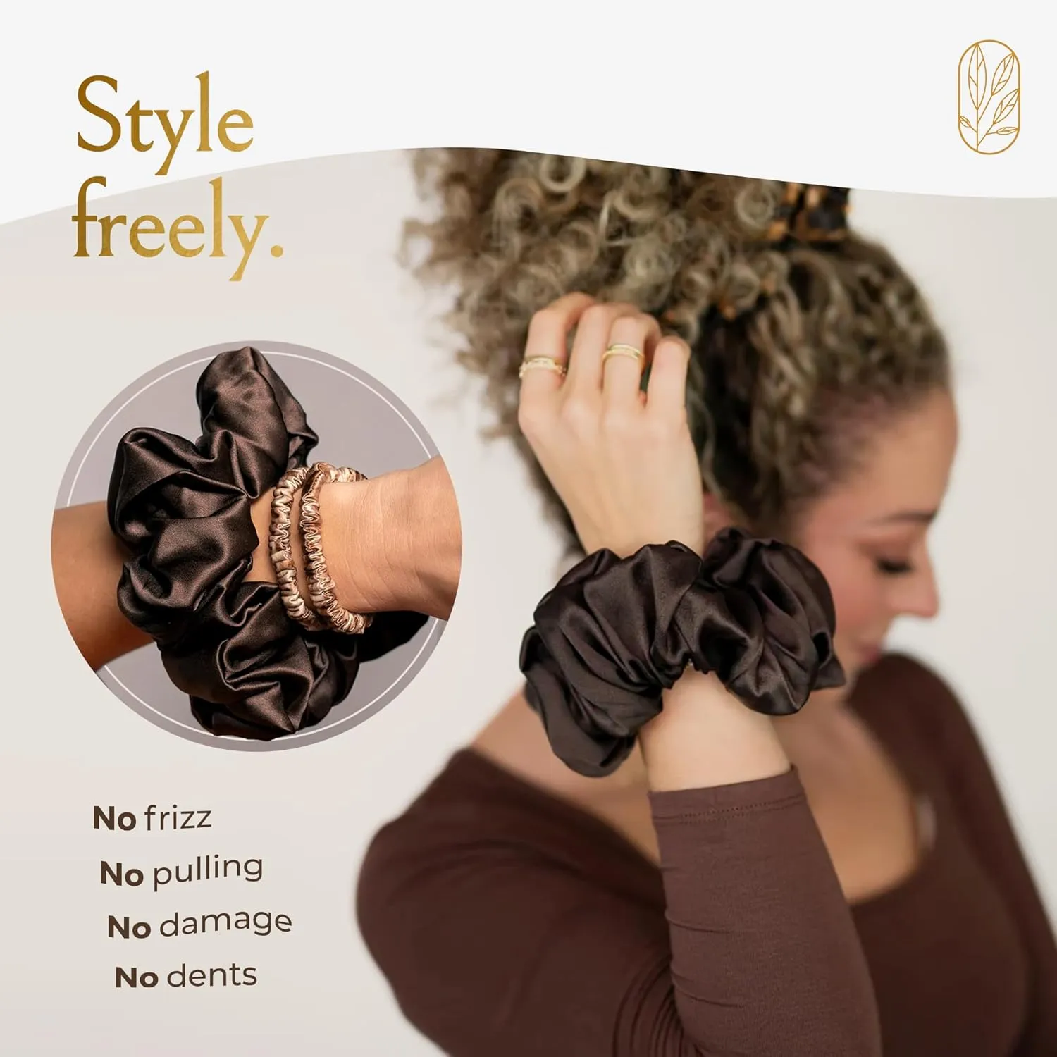 Scrunchies for Women, Extra Large Silk Scrunchies for Curly Hair, Silk Hair Ties No Damage, Hair Accessories for Thick Hair, Ponytail Holders -Espresso, XL