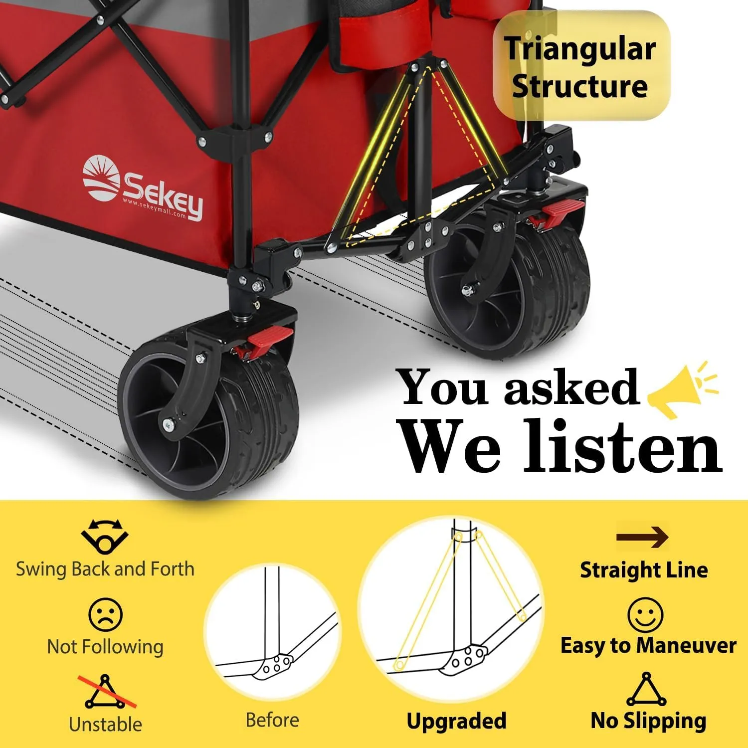Sekey 48''L Collapsible Foldable Extended Wagon with 440lbs Weight Capacity, Heavy Duty 300L Folding Utility Garden Cart with Big All-Terrain Beach Wheels & Drink Holders. Red&Grey