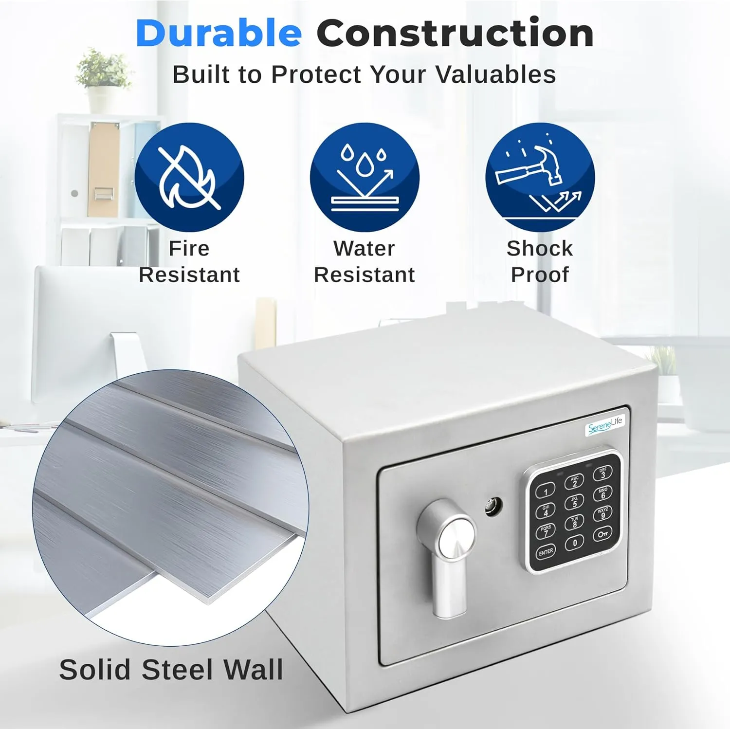 SereneLife Electronic Safe Box | Heavy Duty 9.1 x 6.7” Money Safe | Digital Touch Pad Lockbox with Code 2 Keys | Small Safe Box for Home/Office, Secure Cash, Jewelry, Firearms | Wall/Floor Mountable