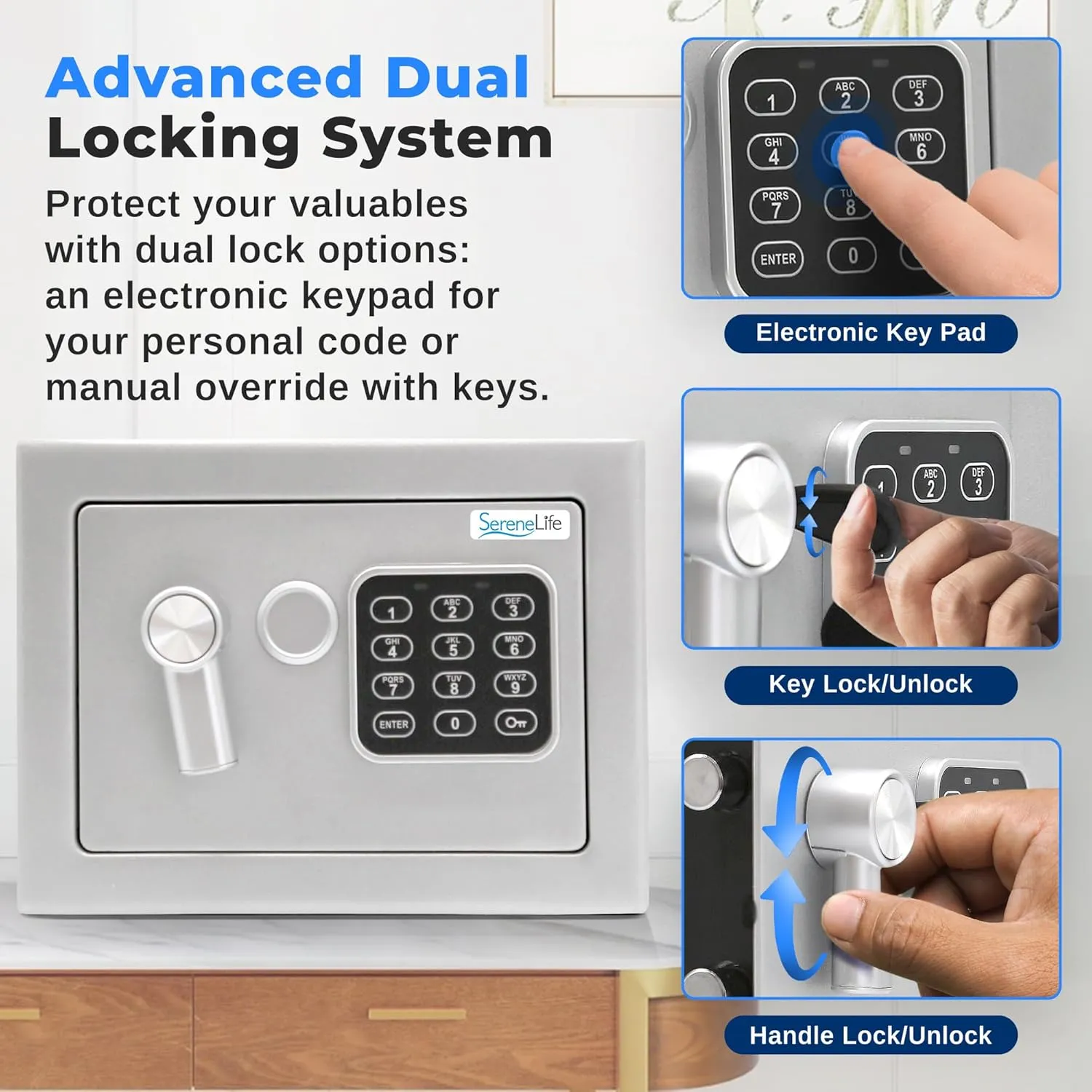 SereneLife Electronic Safe Box | Heavy Duty 9.1 x 6.7” Money Safe | Digital Touch Pad Lockbox with Code 2 Keys | Small Safe Box for Home/Office, Secure Cash, Jewelry, Firearms | Wall/Floor Mountable