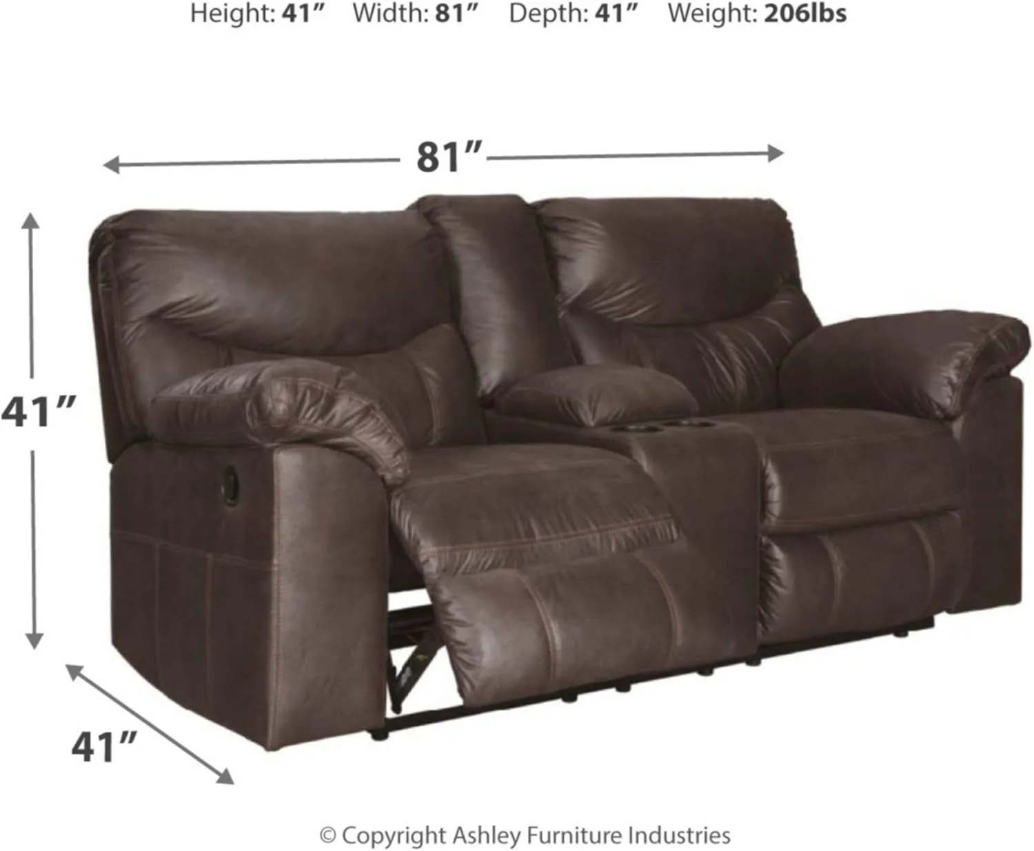 Signature Design by Ashley Boxberg Faux Leather Manual Double Reclining Loveseat with Center Console, Dark Brown