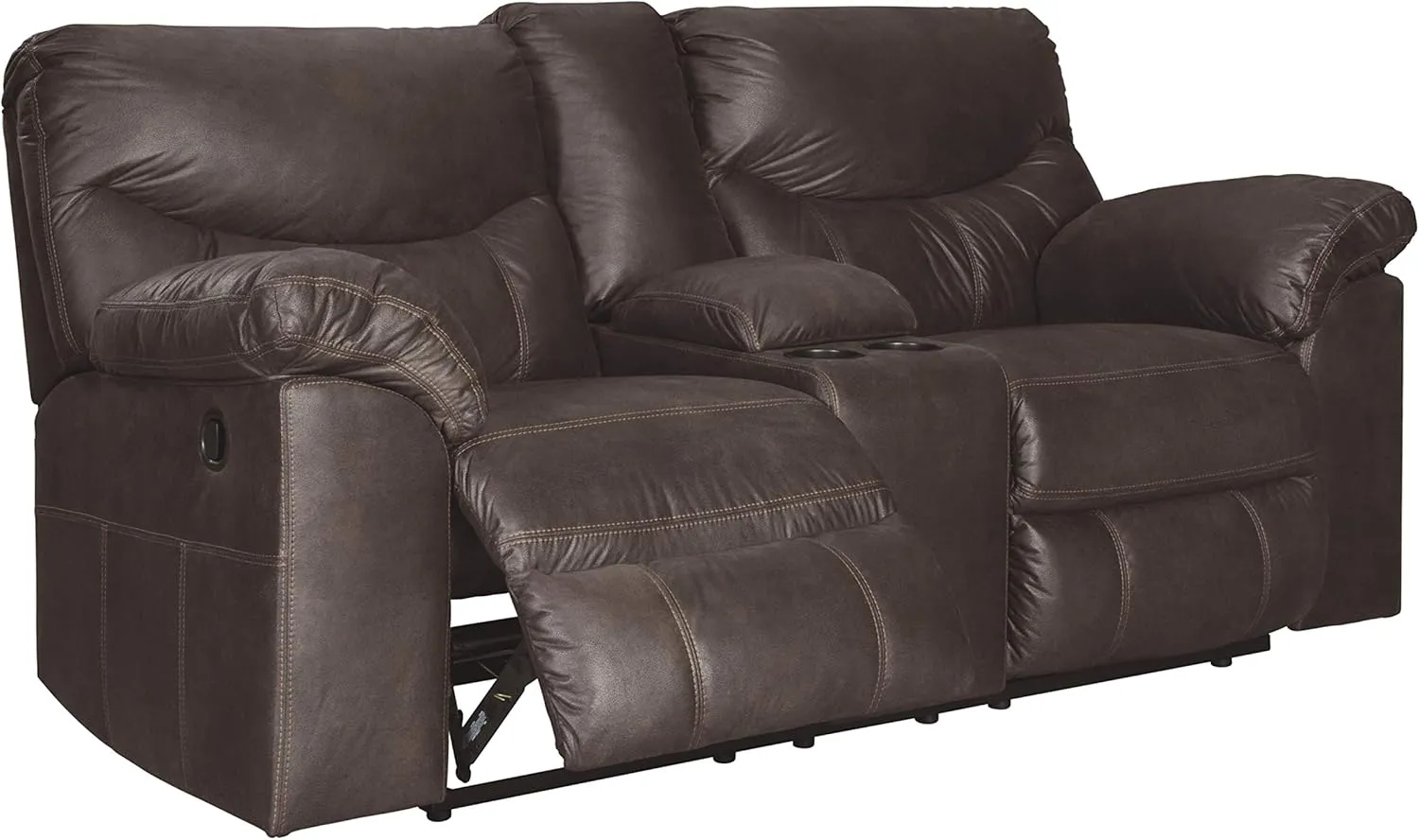 Signature Design by Ashley Boxberg Faux Leather Manual Double Reclining Loveseat with Center Console, Dark Brown