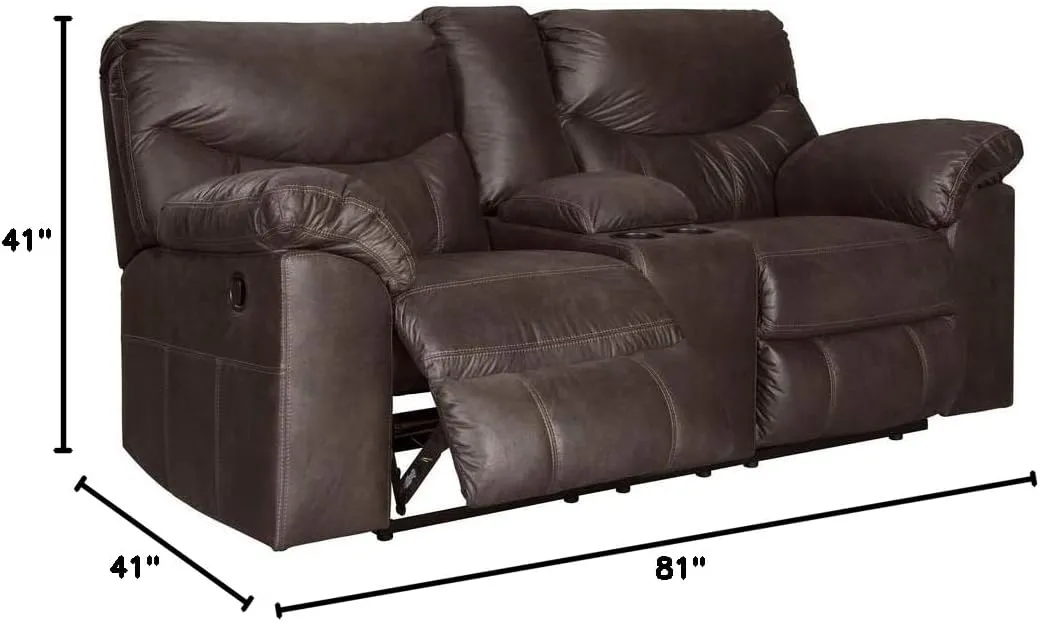 Signature Design by Ashley Boxberg Faux Leather Manual Double Reclining Loveseat with Center Console, Dark Brown