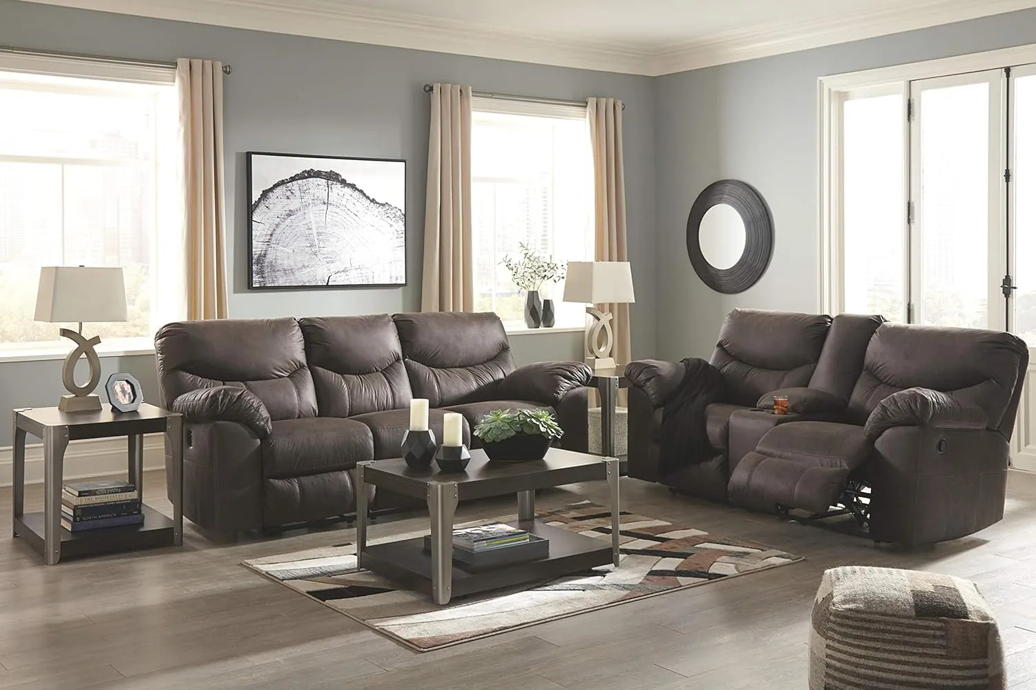Signature Design by Ashley Boxberg Faux Leather Manual Double Reclining Loveseat with Center Console, Dark Brown