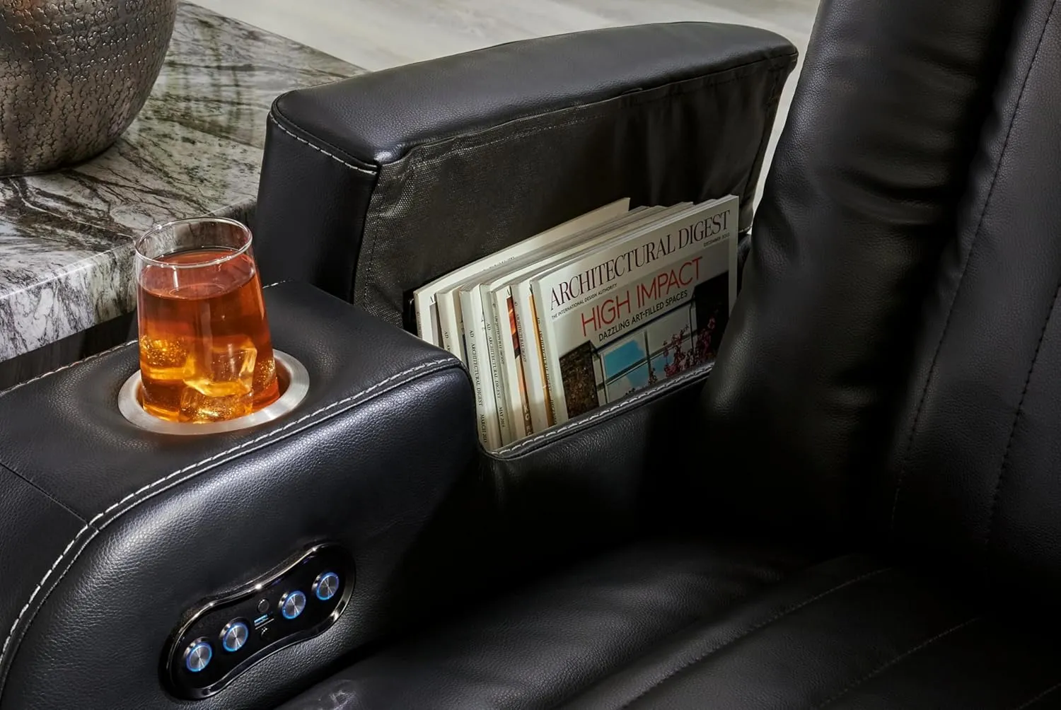 Signature Design by Ashley Caveman Den Modern Faux Leather Power Reclining Sofa with Adjustable Headrest, Drop Down Table, Electrical Outlets and LED Reading Lights, Black