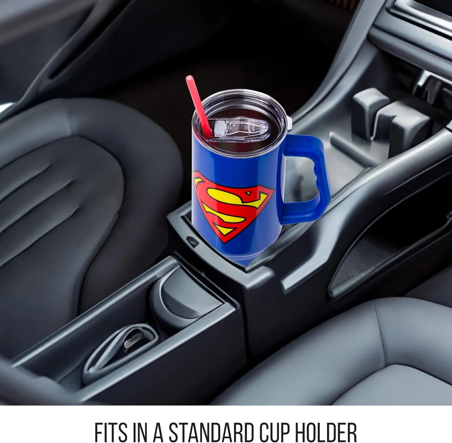 Silver Buffalo DC Comics Superman Logo Stainless Steel Tumbler with Handle and Straw, Fits in Standard Cup Holder, 40 Ounces