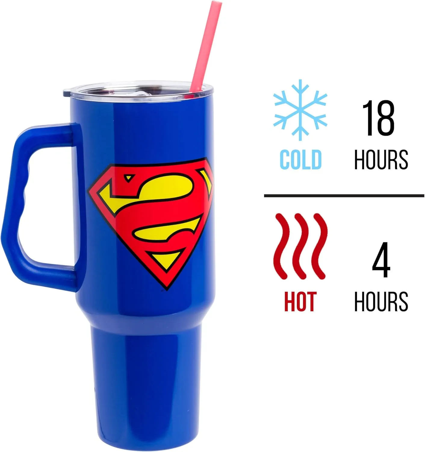 Silver Buffalo DC Comics Superman Logo Stainless Steel Tumbler with Handle and Straw, Fits in Standard Cup Holder, 40 Ounces