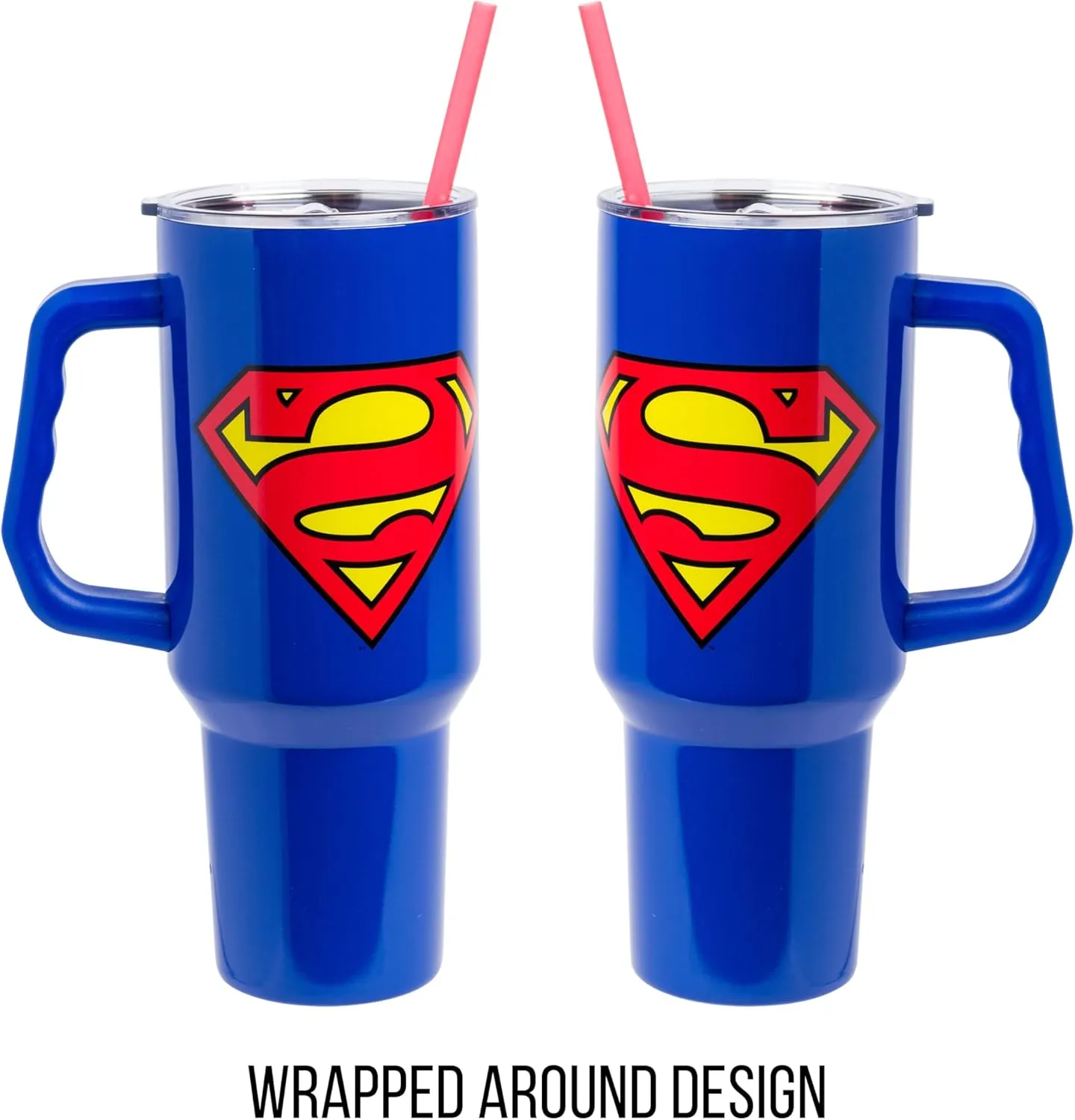 Silver Buffalo DC Comics Superman Logo Stainless Steel Tumbler with Handle and Straw, Fits in Standard Cup Holder, 40 Ounces