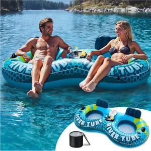 SLOOSH 2-Person Inflatable River Tube - Heavy Duty River Run Tubes Pool Lake Floats for Adults, Large Floating Raft Lounge Above Water Floaties with 2 Cup Holders & Removable Cooler