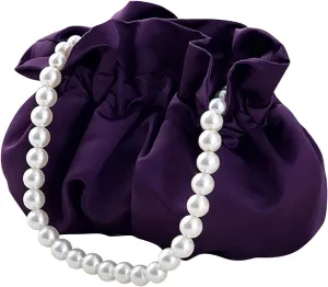 Small Wristlet Purses Mini Bucket Bag Women Hobo Bag with Faux Pearl Chain (Purple)