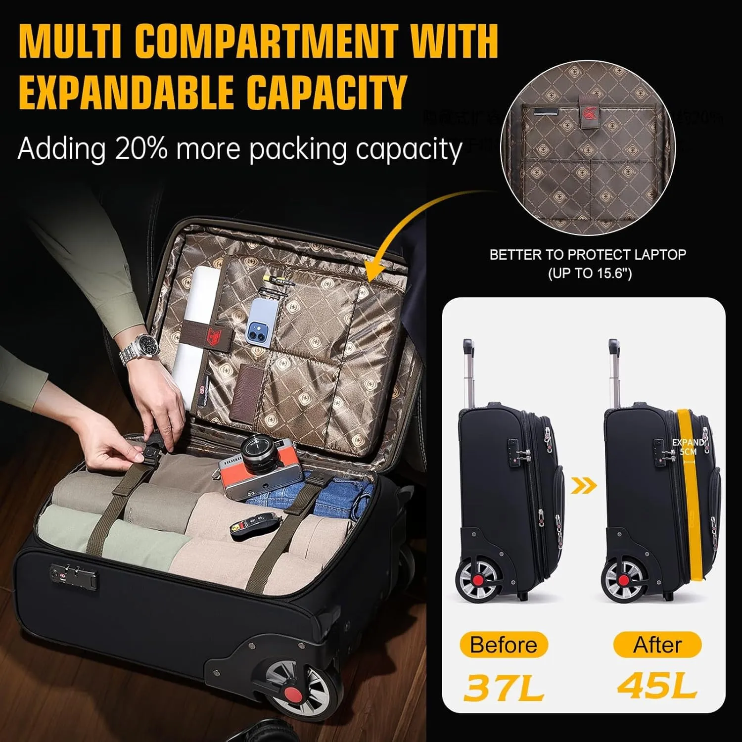 Softside Expandable Luggage with Large Spinner Wheels Carry-On Luggage Suicase (Black, 21-Inch)