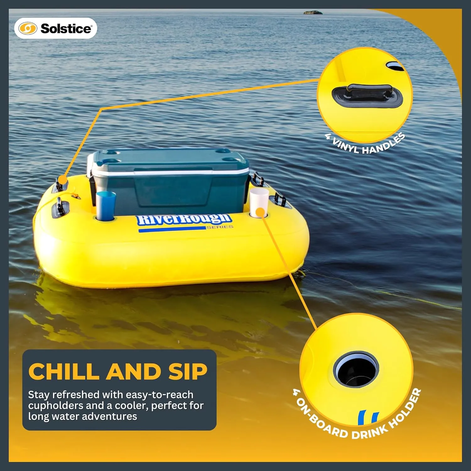 SOLSTICE Super Chill Inflatable River Raft Float Tube Series 1-6 Person With Cupholders Cooler Mesh Bottom Backrest Grab Handles Tie On Rope For River Lake Ocean Pool Floating Snow Heavy Duty Material