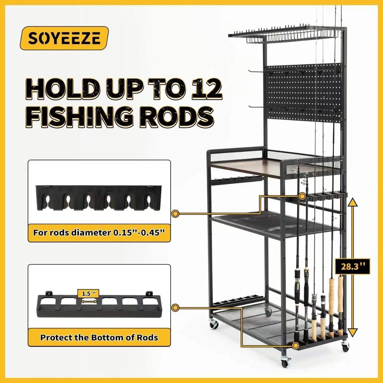 SOYEEZE Fishing Rod Holders for Garage,Fishing Gear Holder for Fishing Rod Tackle Box Storage，Fishing Pole Holders for 12 Rods with Hooks and Pegboard,Fishing Cart with Reel Rack