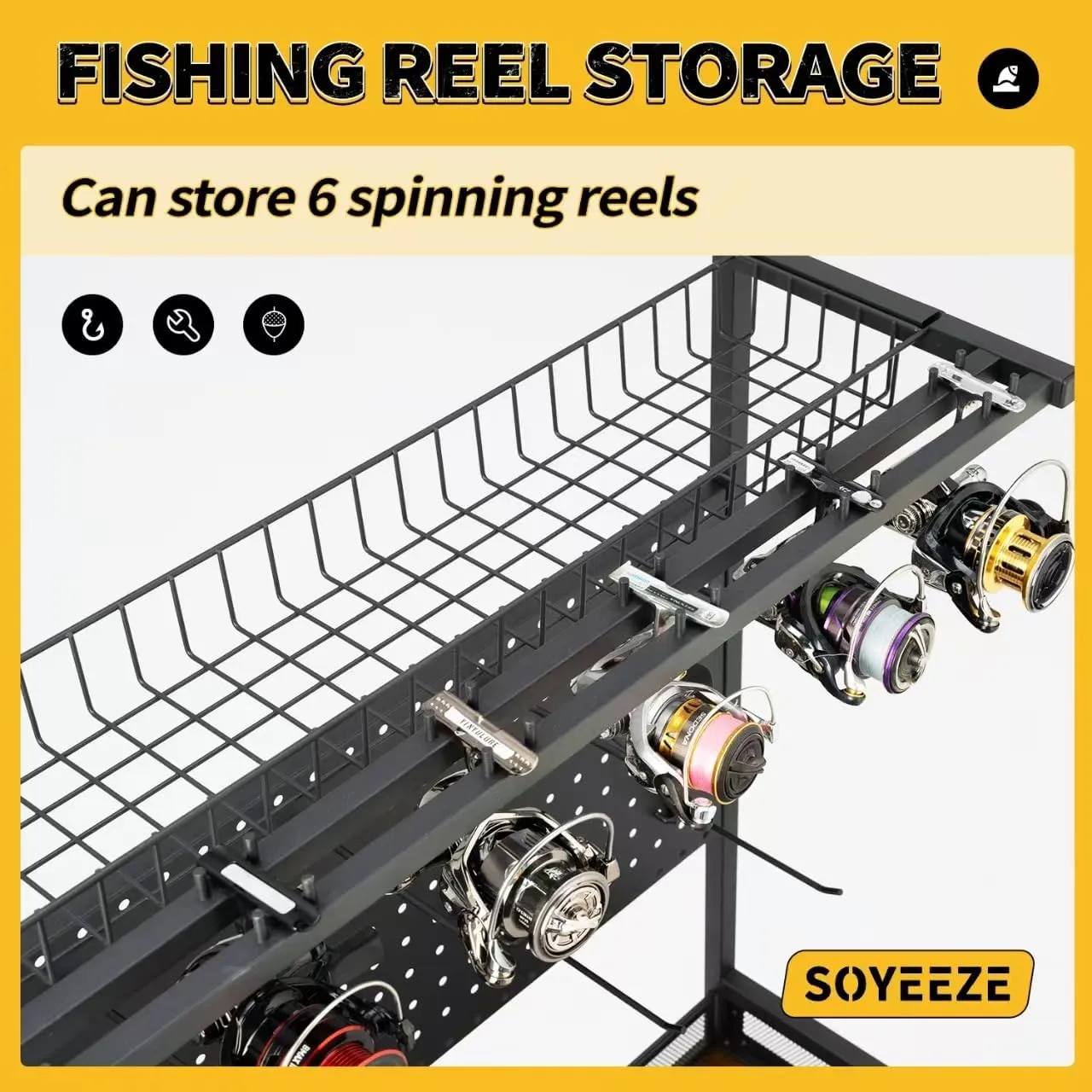 SOYEEZE Fishing Rod Holders for Garage,Fishing Gear Holder for Fishing Rod Tackle Box Storage，Fishing Pole Holders for 12 Rods with Hooks and Pegboard,Fishing Cart with Reel Rack