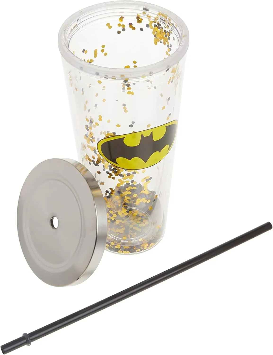 Spoontiques Batman Logo Glitter Cup w/Straw, 20 ounces
