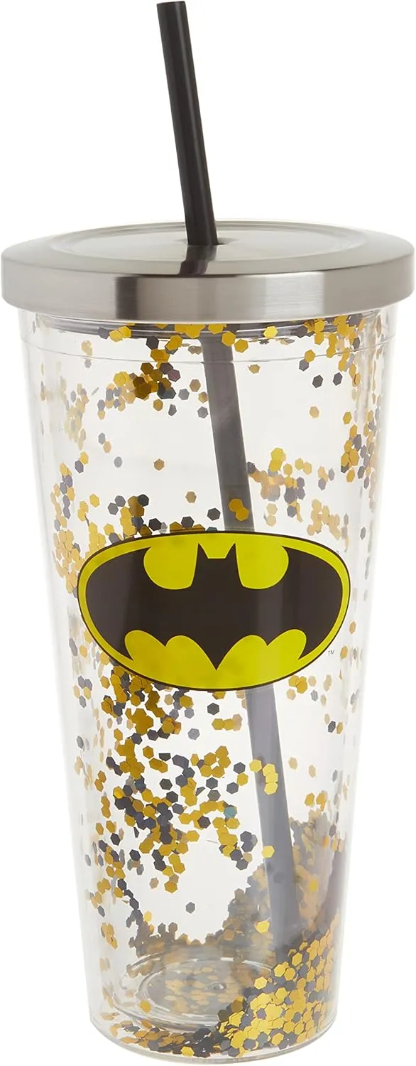 Spoontiques Batman Logo Glitter Cup w/Straw, 20 ounces