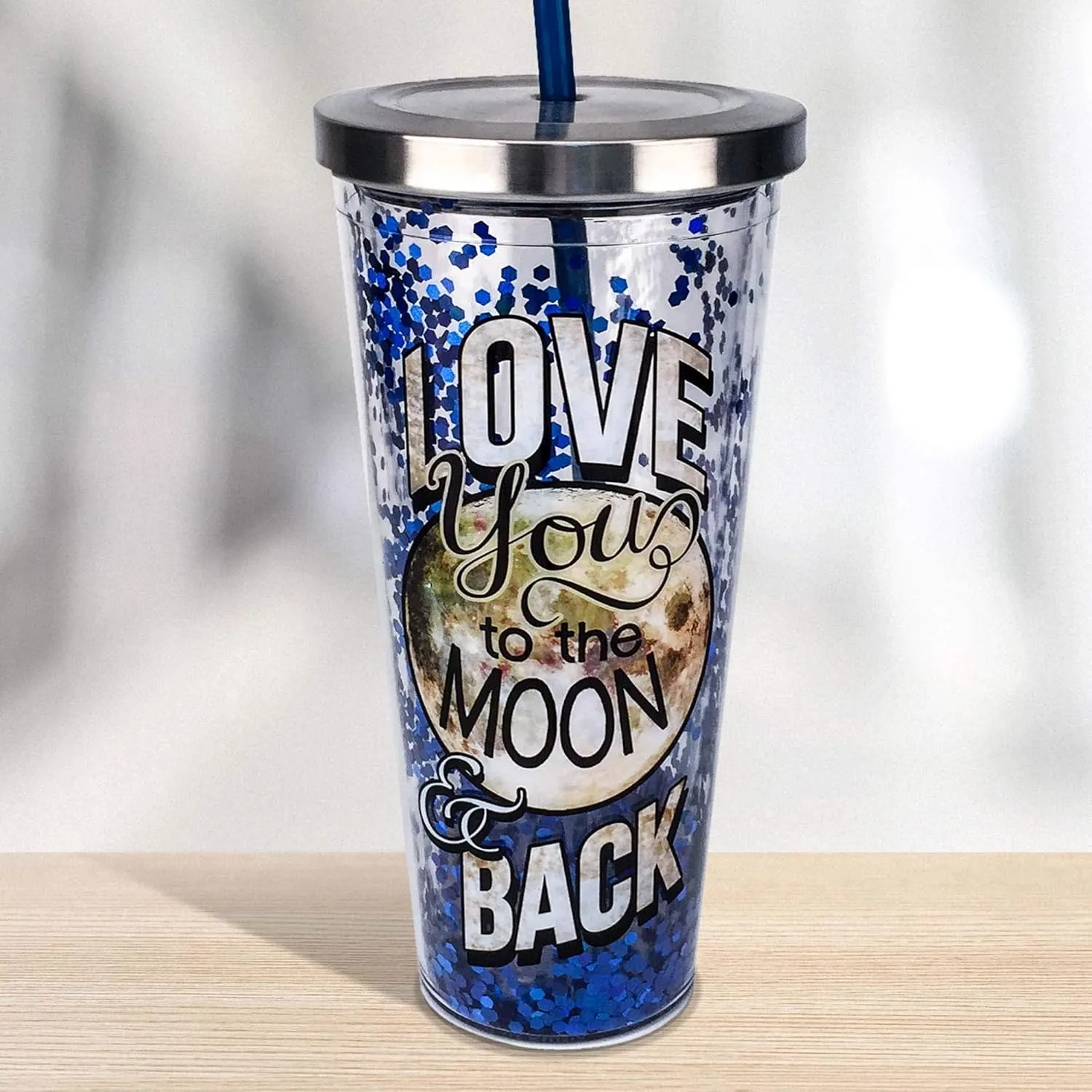 Spoontiques - Glitter Filled Acrylic Tumbler - Glitter Cup with Straw - 20 oz - Stainless Steel Locking Lid with Straw - Double Wall Insulated - BPA Free - Moon & Back
