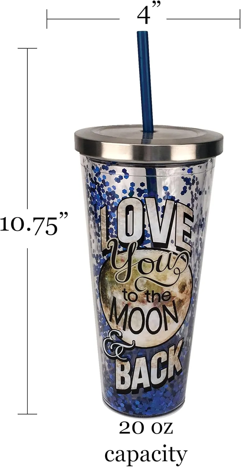 Spoontiques - Glitter Filled Acrylic Tumbler - Glitter Cup with Straw - 20 oz - Stainless Steel Locking Lid with Straw - Double Wall Insulated - BPA Free - Moon & Back