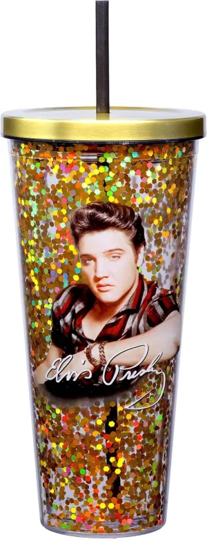 Spoontiques - Glitter Filled Acrylic Tumbler - Glitter Cup with Straw - 32oz - Stainless Steel Locking Lid with Straw - Double Wall Insulated - BPA Free - Elvis