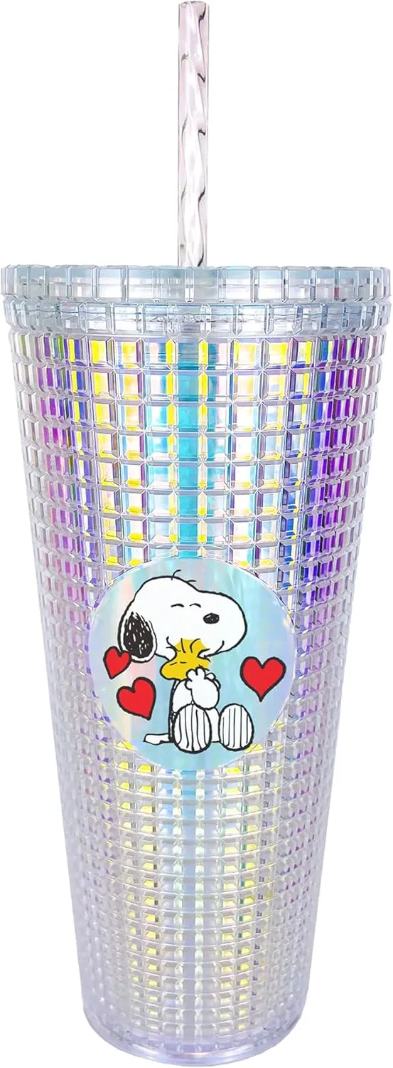 Spoontiques Snoopy Diamond Tumbler - Textured Cup with Straw - Double Wall Insulated and BPA Free - 20 oz