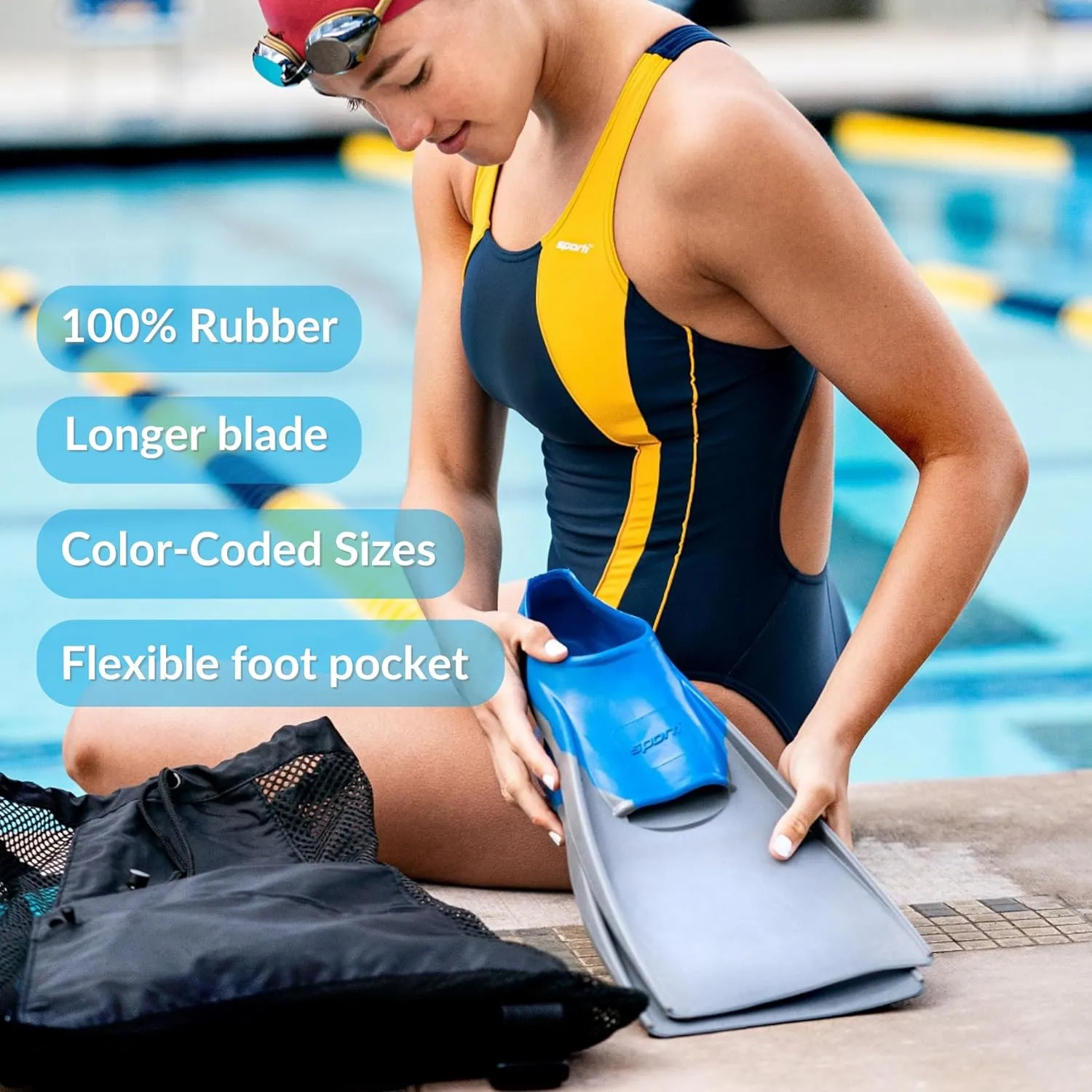 Sporti Adult-Kids Swim Fins for Pool Lap Swimming - Long Floating Fins for Swimming & Snorkeling - Swim Flippers for Training