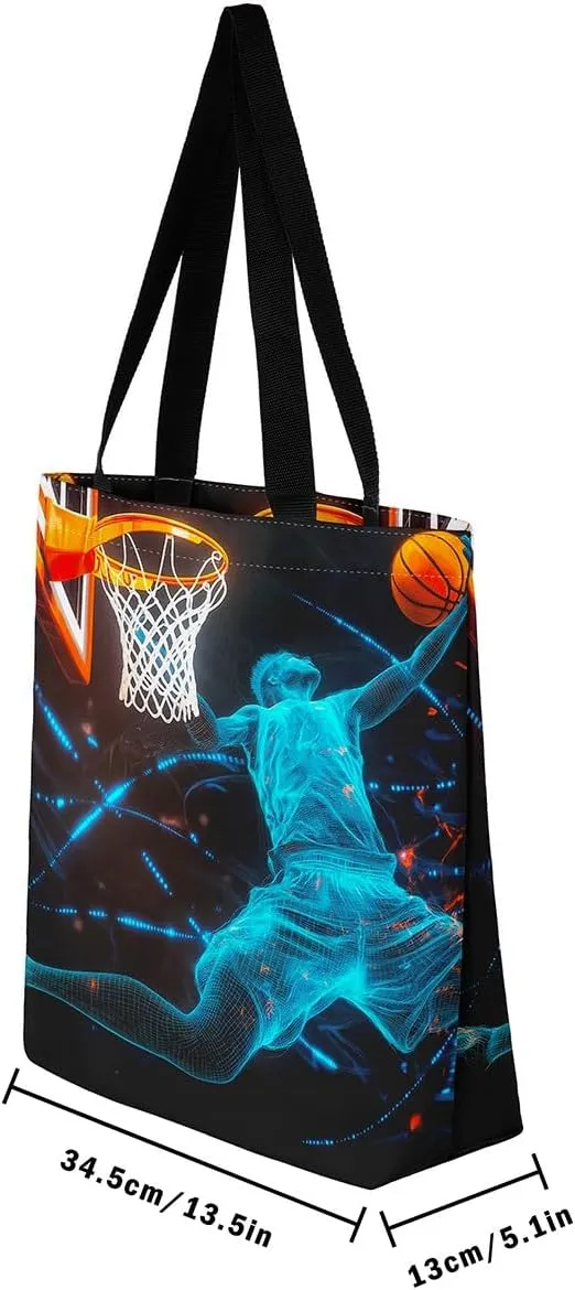 Sports Theme Canvas Tote Bag,Ball Games Basketball Shoulder Handbags for Shopping Gym Yoga,Large Capacity