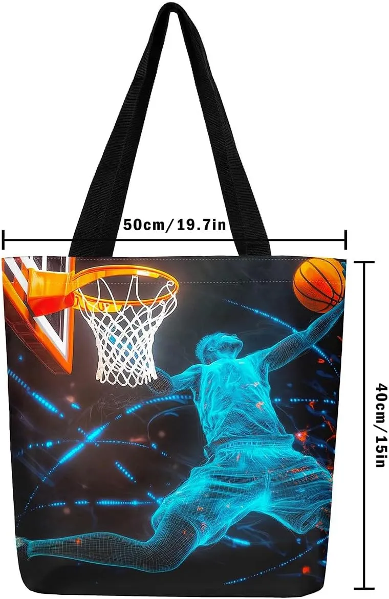 Sports Theme Canvas Tote Bag,Ball Games Basketball Shoulder Handbags for Shopping Gym Yoga,Large Capacity