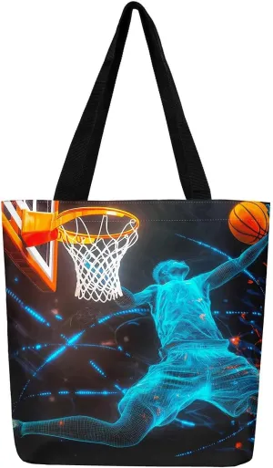 Sports Theme Canvas Tote Bag,Ball Games Basketball Shoulder Handbags for Shopping Gym Yoga,Large Capacity