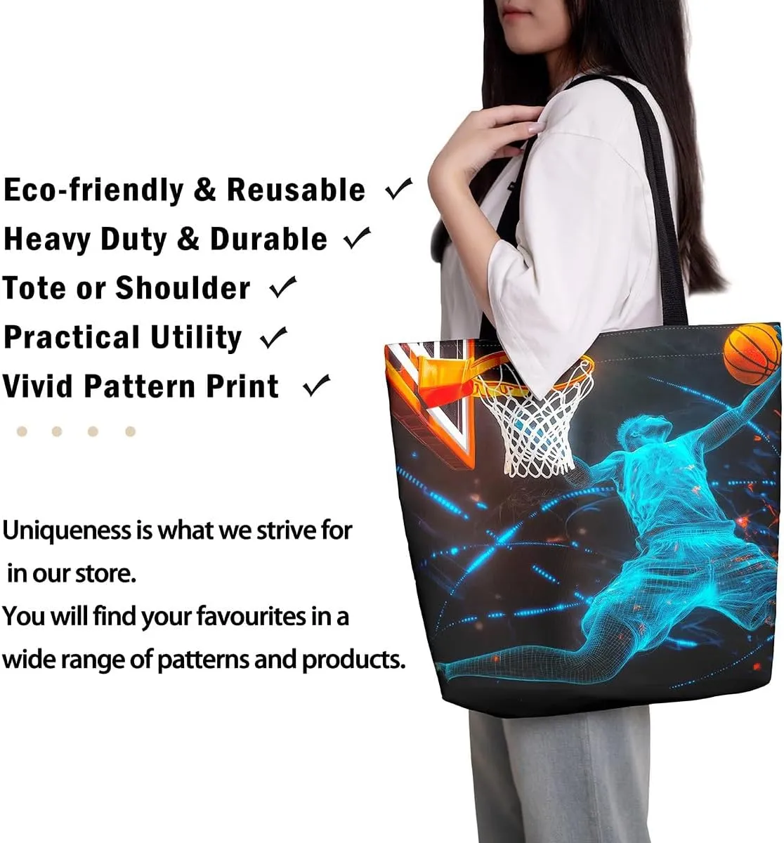 Sports Theme Canvas Tote Bag,Ball Games Basketball Shoulder Handbags for Shopping Gym Yoga,Large Capacity