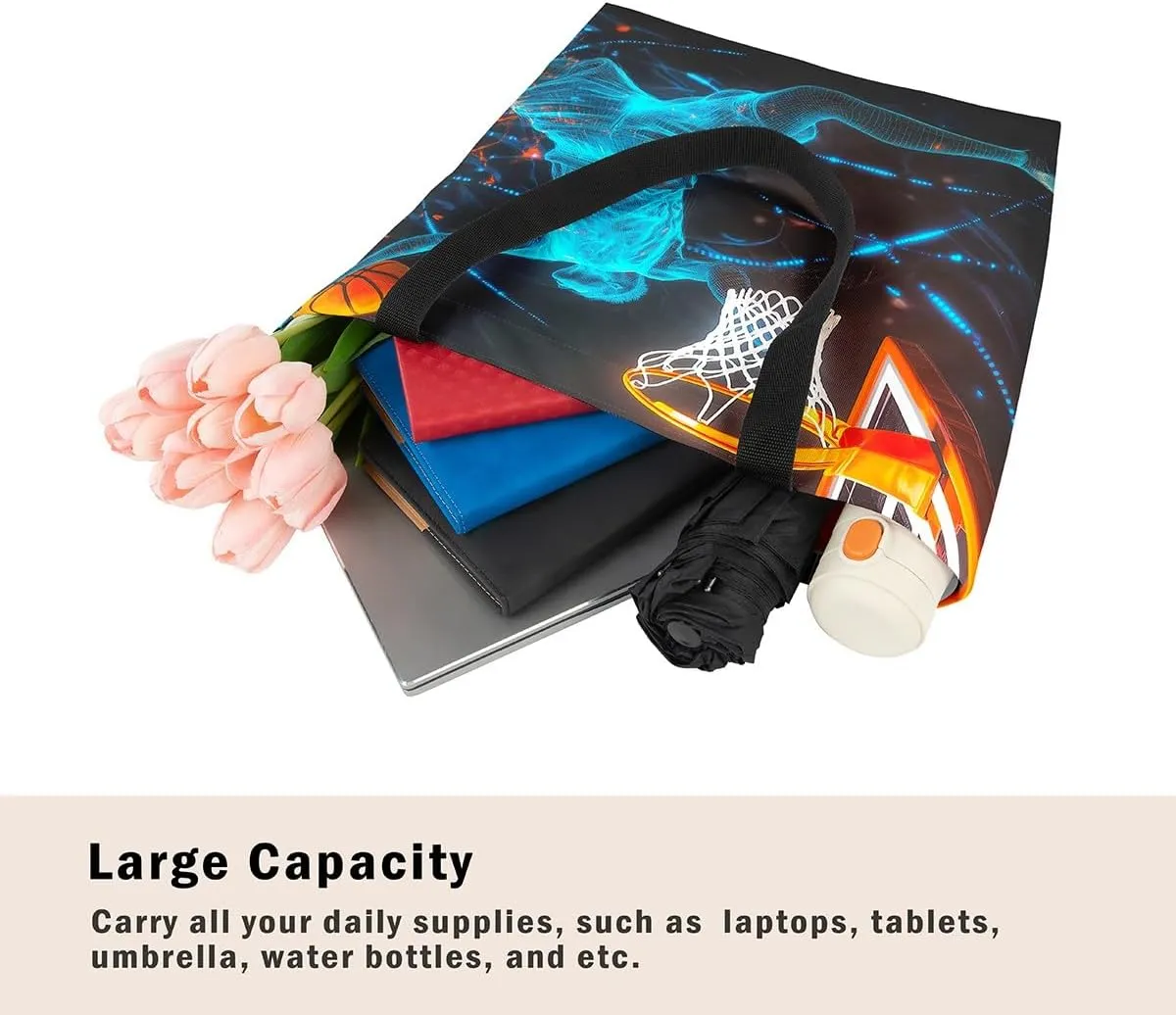 Sports Theme Canvas Tote Bag,Ball Games Basketball Shoulder Handbags for Shopping Gym Yoga,Large Capacity