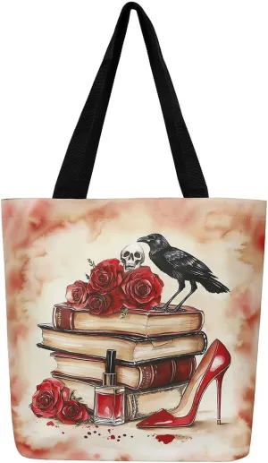 Sugar Skull Canvas Tote Bag,Trippy Halloween Travel Bag Large Capacity,Gothic Exotic Shopping Grocery Bags