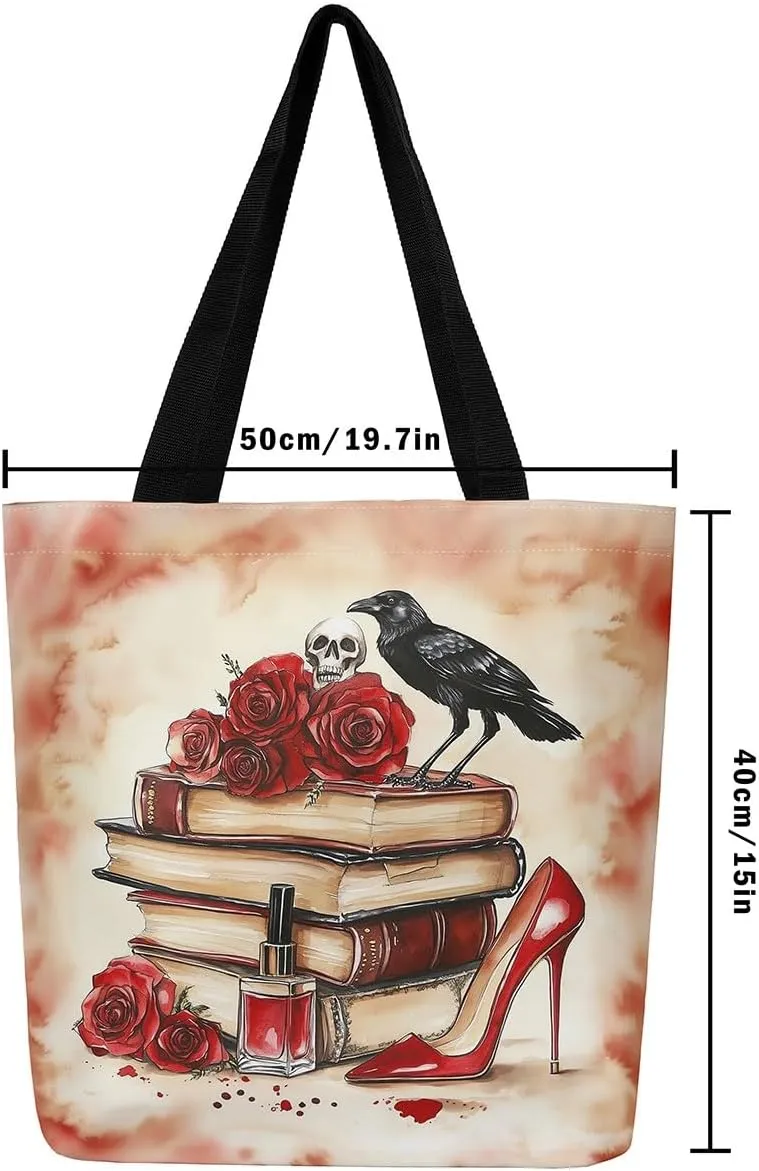 Sugar Skull Canvas Tote Bag,Trippy Halloween Travel Bag Large Capacity,Gothic Exotic Shopping Grocery Bags