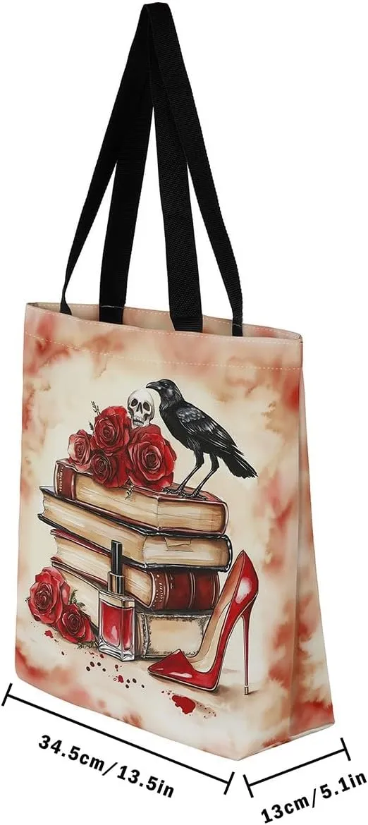 Sugar Skull Canvas Tote Bag,Trippy Halloween Travel Bag Large Capacity,Gothic Exotic Shopping Grocery Bags