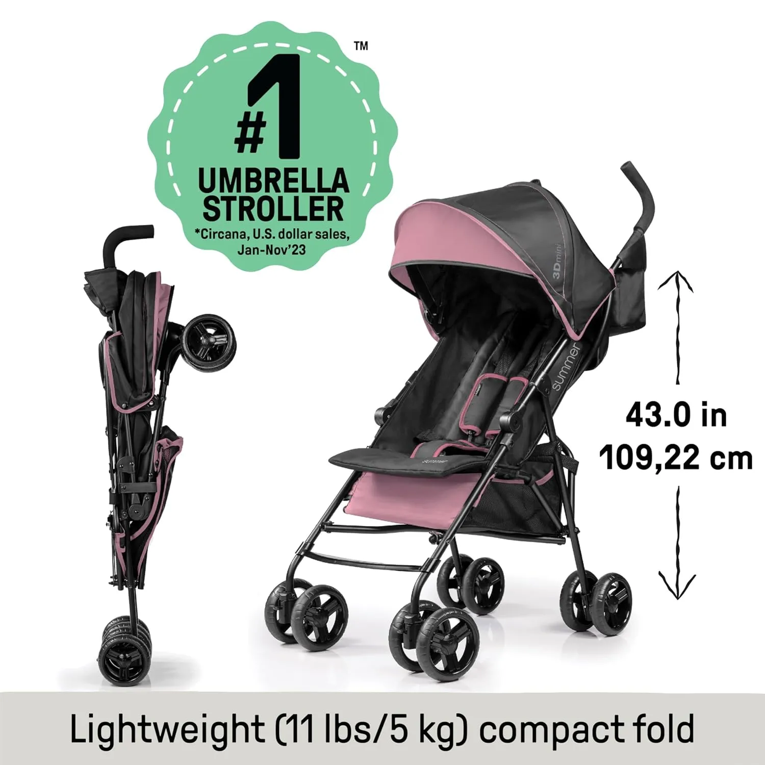 Summer by Ingenuity 3D Mini Convenience Stroller – Lightweight Stroller with Compact Fold, Multi-Position Recline, Canopy with Pop Out Sun Visor and More – Umbrella Stroller for Travel, Pink