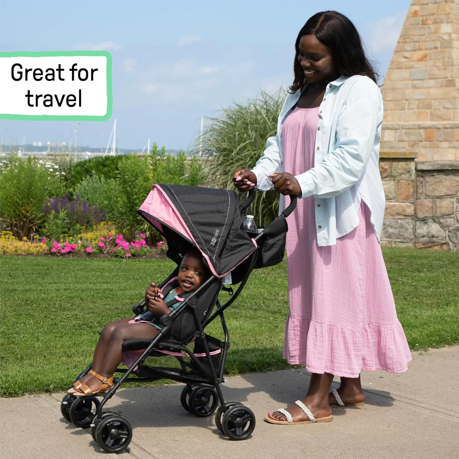 Summer by Ingenuity 3D Mini Convenience Stroller – Lightweight Stroller with Compact Fold, Multi-Position Recline, Canopy with Pop Out Sun Visor and More – Umbrella Stroller for Travel, Pink