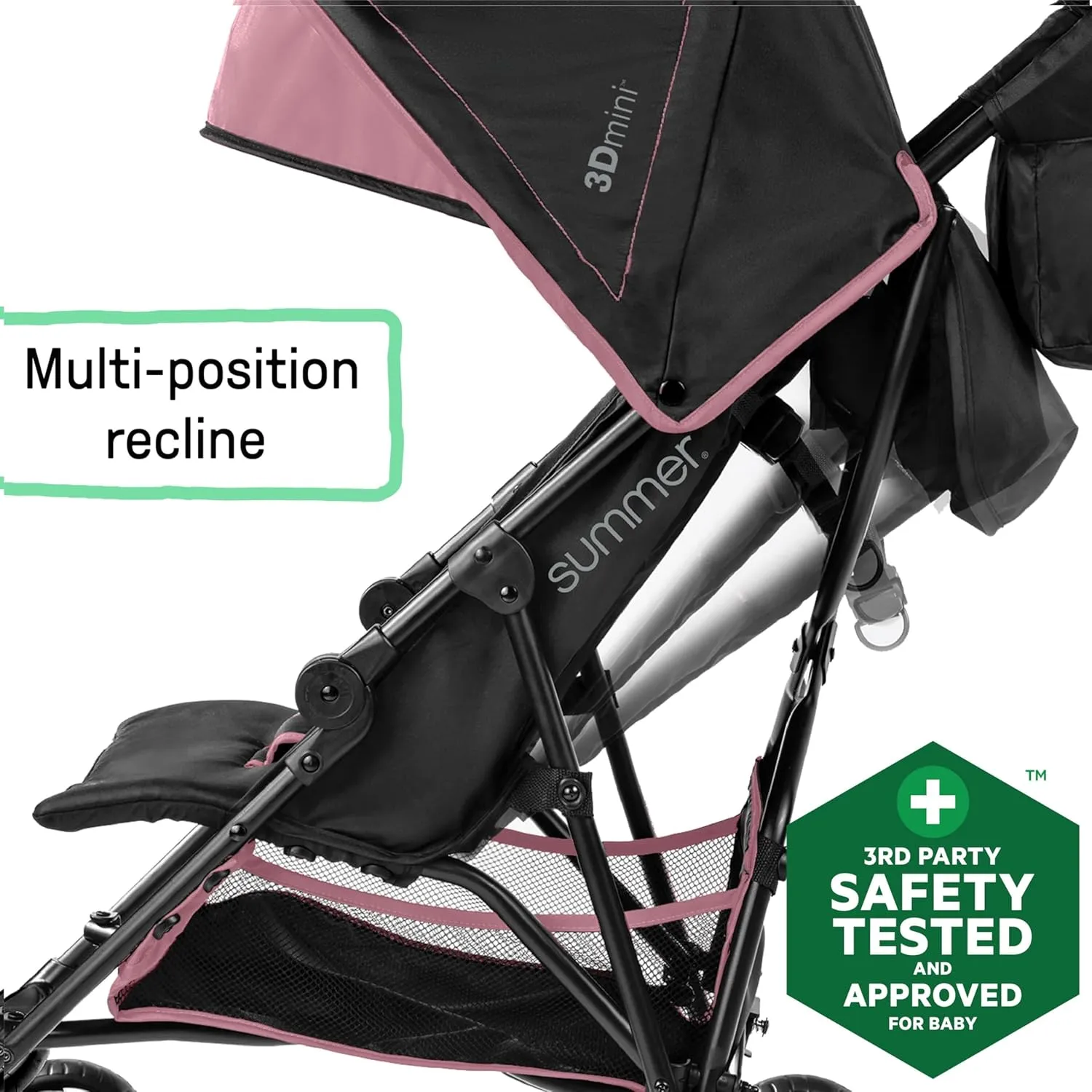 Summer by Ingenuity 3D Mini Convenience Stroller – Lightweight Stroller with Compact Fold, Multi-Position Recline, Canopy with Pop Out Sun Visor and More – Umbrella Stroller for Travel, Pink