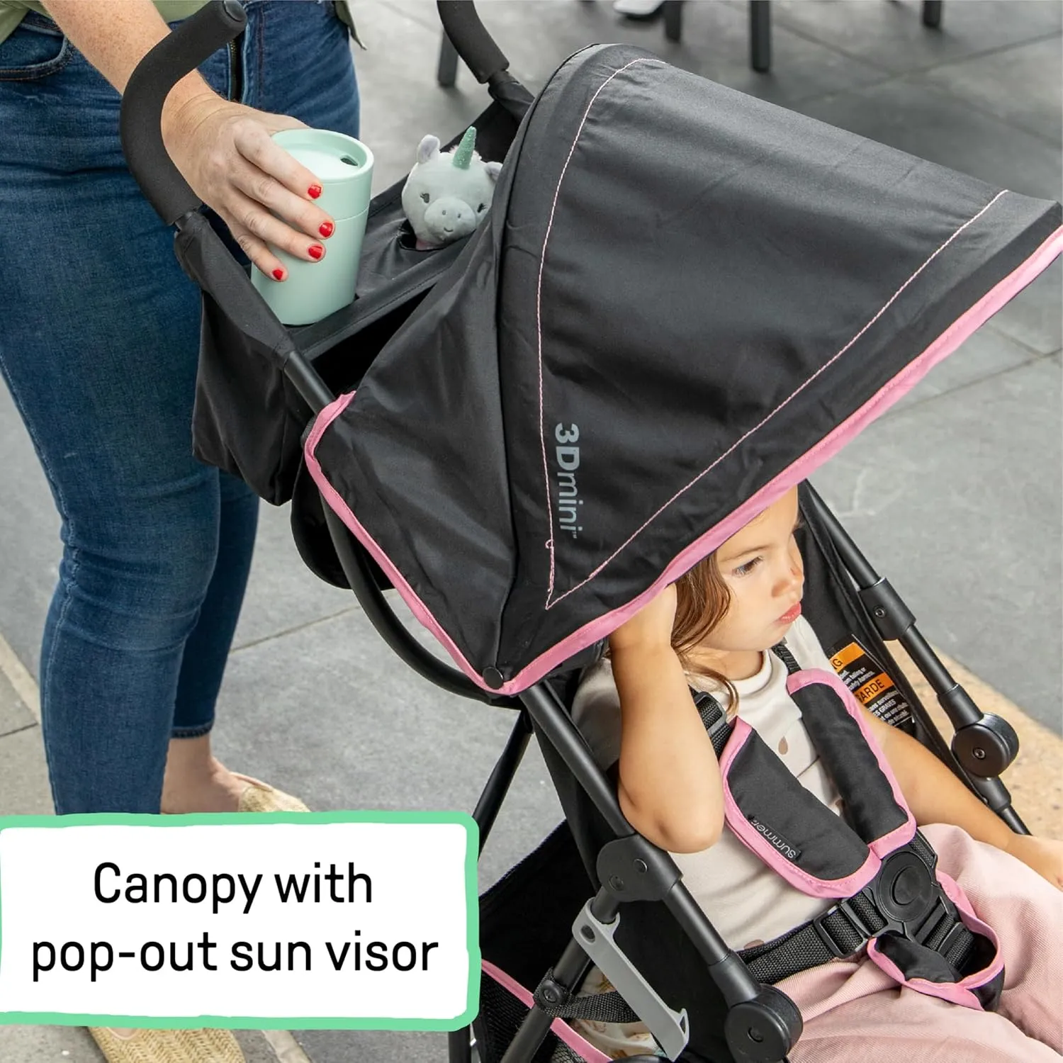 Summer by Ingenuity 3D Mini Convenience Stroller – Lightweight Stroller with Compact Fold, Multi-Position Recline, Canopy with Pop Out Sun Visor and More – Umbrella Stroller for Travel, Pink