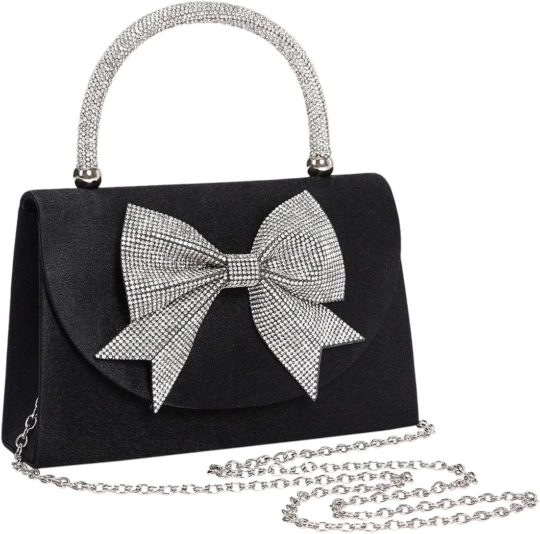 SweatyRocks Women's Rhinestone Bow Top Handle Clutch Purses Flap Crossbody Satchel Handbags