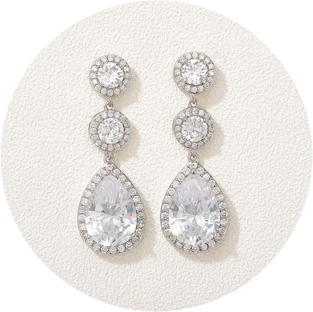 SWEETV Crystal Teardrop Wedding Bridal Earrings For Brides, Bridesmaids, Rhinestone Drop Dangle Earrings for Women, Bridal Prom Party Jewelry