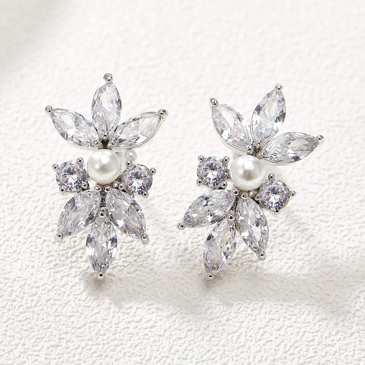 SWEETV Marquise Cubic Zirconia Wedding Bridal Stud Earrings for Brides Bridesmaids, Crystal Pearl Rhinestone Stud Earrings for Women Prom Party Jewelry Gifts