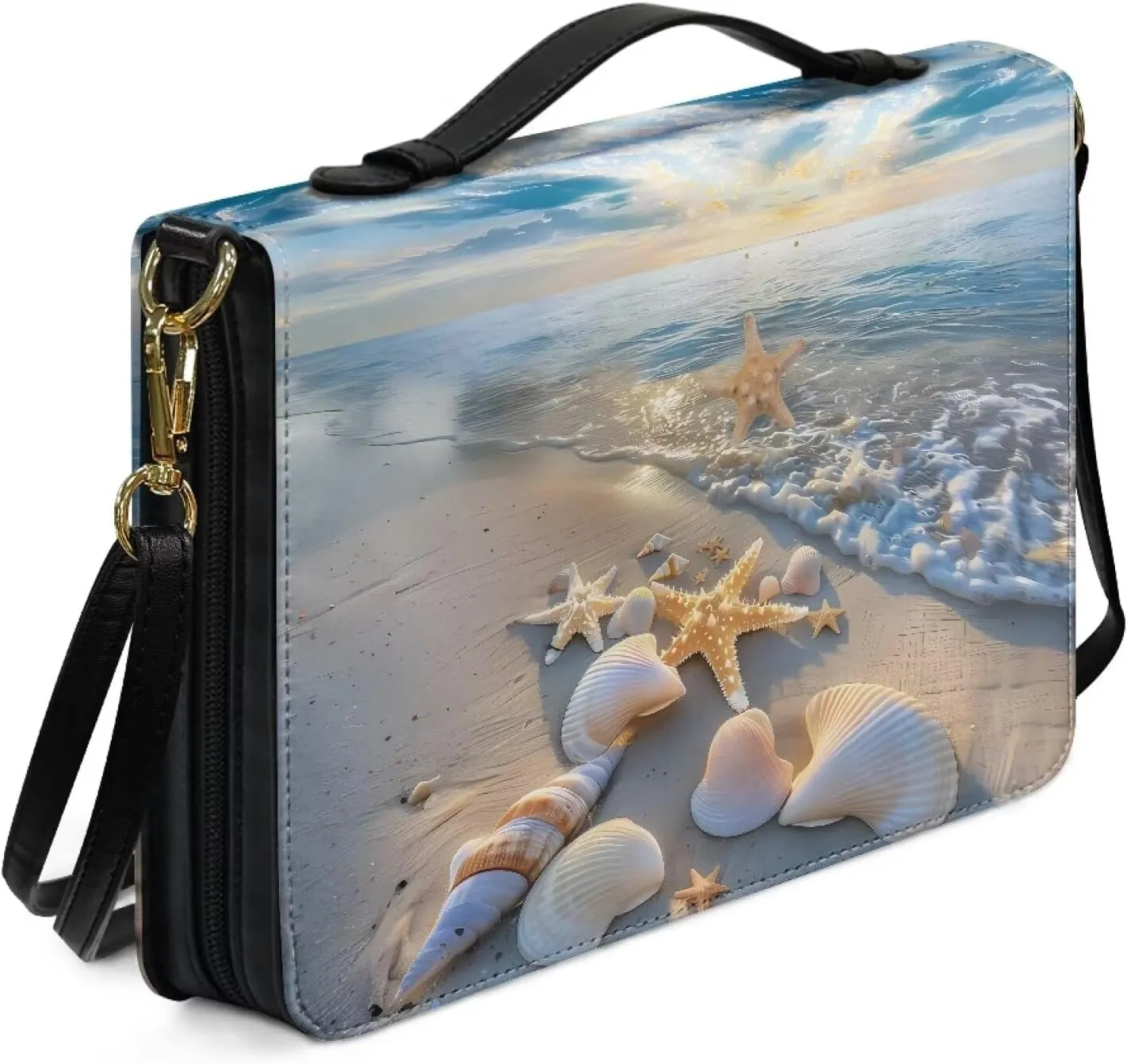 Talayituse Beach Starfish Seashell Conch Print PU Leather Bible Cover for Women Men Large Size Bible Case Bible Carrying Case with Handle, Portable Church Bible Bag with Detachable Shoulder Strap, 2XL