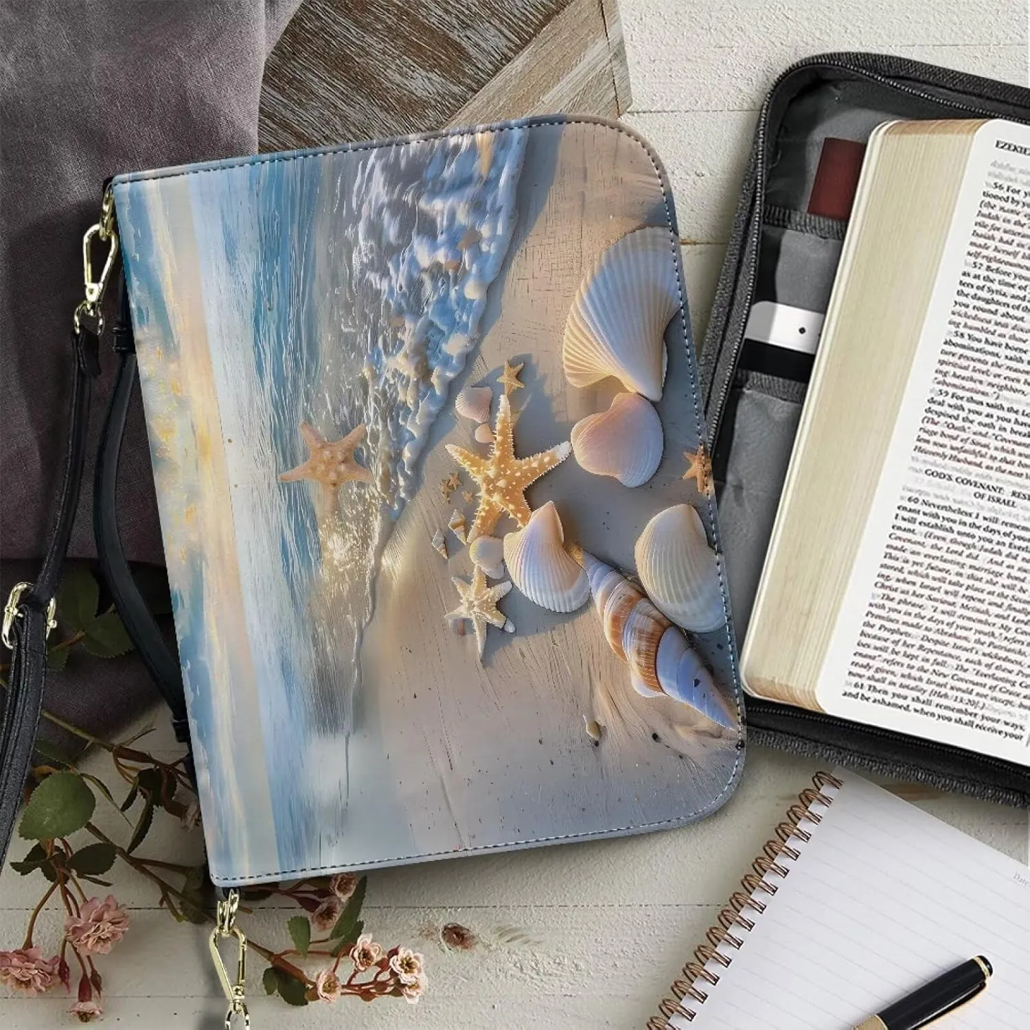 Talayituse Beach Starfish Seashell Conch Print PU Leather Bible Cover for Women Men Large Size Bible Case Bible Carrying Case with Handle, Portable Church Bible Bag with Detachable Shoulder Strap, 2XL