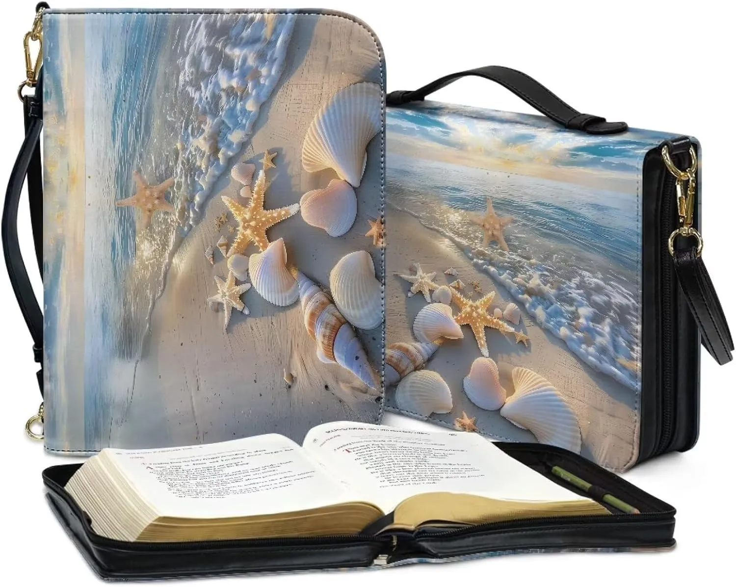 Talayituse Beach Starfish Seashell Conch Print PU Leather Bible Cover for Women Men Large Size Bible Case Bible Carrying Case with Handle, Portable Church Bible Bag with Detachable Shoulder Strap, 2XL