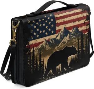 Talayituse Bear Mountain American Flag Print Bible Cover for Women Men, Multifunctional Bible Bags with Shoulder Strap, PU Leather Bible Case Book Cover Tote Bag Bible Accessories with Handl, L