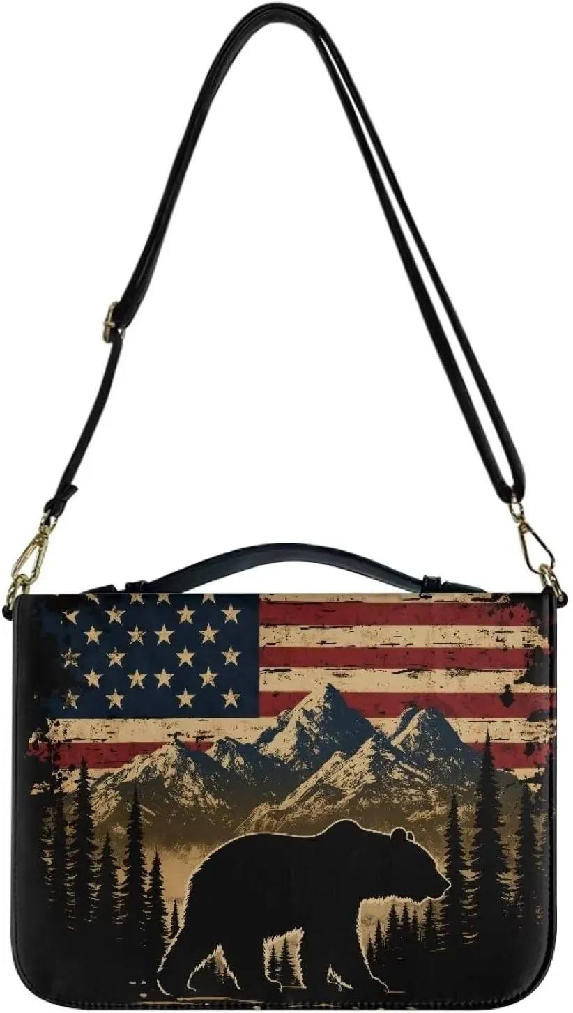 Talayituse Bear Mountain American Flag Print Bible Cover for Women Men, Multifunctional Bible Bags with Shoulder Strap, PU Leather Bible Case Book Cover Tote Bag Bible Accessories with Handl, L