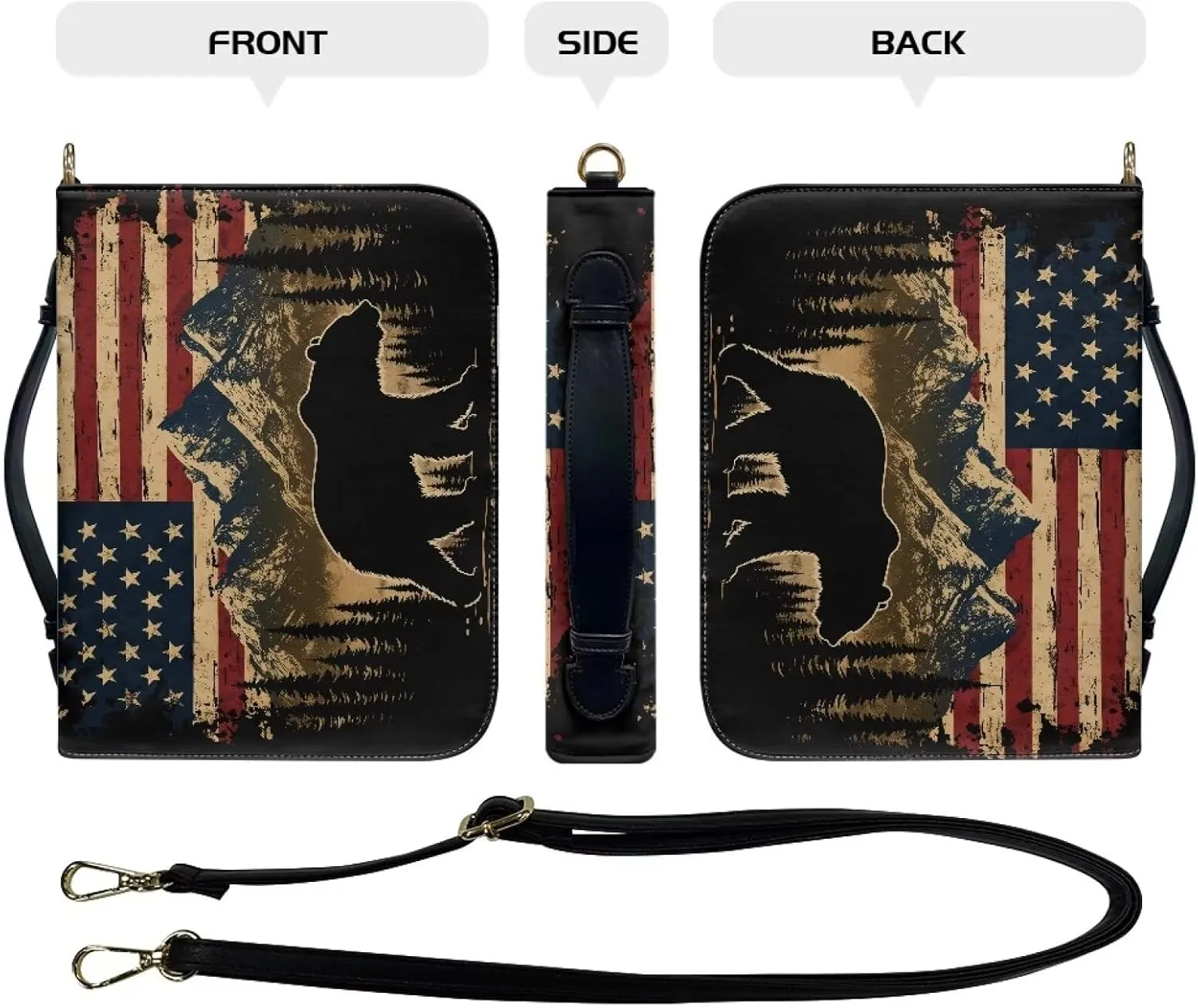 Talayituse Bear Mountain American Flag Print Bible Cover for Women Men, Multifunctional Bible Bags with Shoulder Strap, PU Leather Bible Case Book Cover Tote Bag Bible Accessories with Handl, L