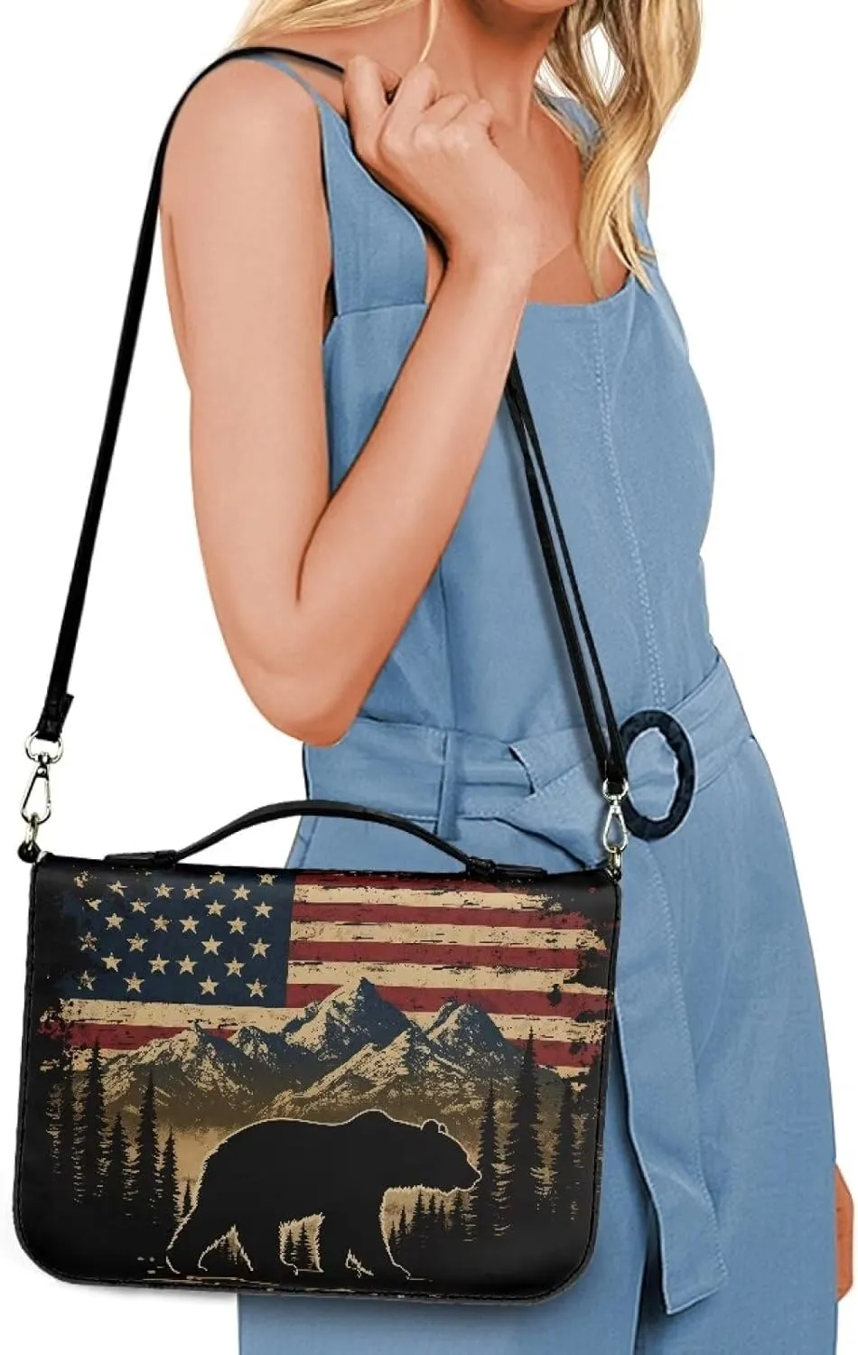 Talayituse Bear Mountain American Flag Print Bible Cover for Women Men, Multifunctional Bible Bags with Shoulder Strap, PU Leather Bible Case Book Cover Tote Bag Bible Accessories with Handl, L