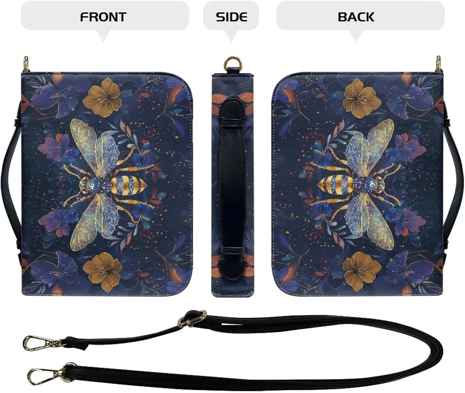 Talayituse Bee Flower Print Bible Cover for Women Men PU Leather Bible Case Large Bible Bag with Handle, Multifunctional Zipper Bible Book Cover Carrying Case with Shoulder Strap, 2XL